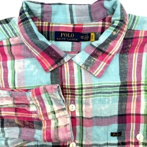 Polo Ralph Lauren Men's 2XB Plaid Button Up Distressed Multicolor Long Sleeve